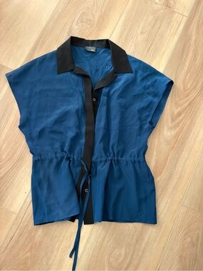 FENDI Women's Teal Blue Drawstring Shirt with Black Trim